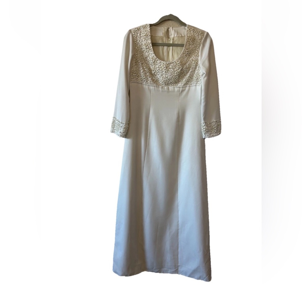 VTG Handmade White Pearl Beaded Maxi Dress 60s 70s Bridal Long Sleeve Small